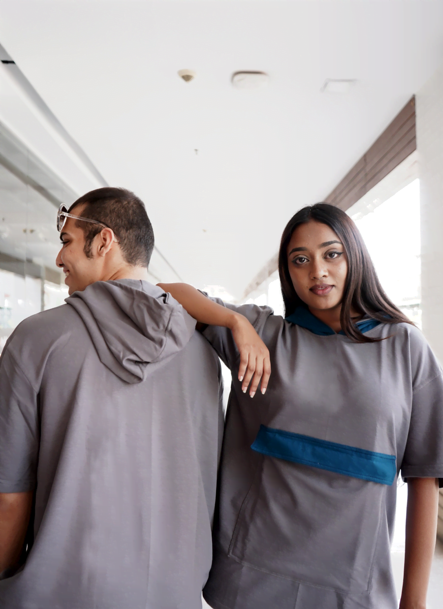 Grey Teal Blue Contrast Hoodie with Solid Option